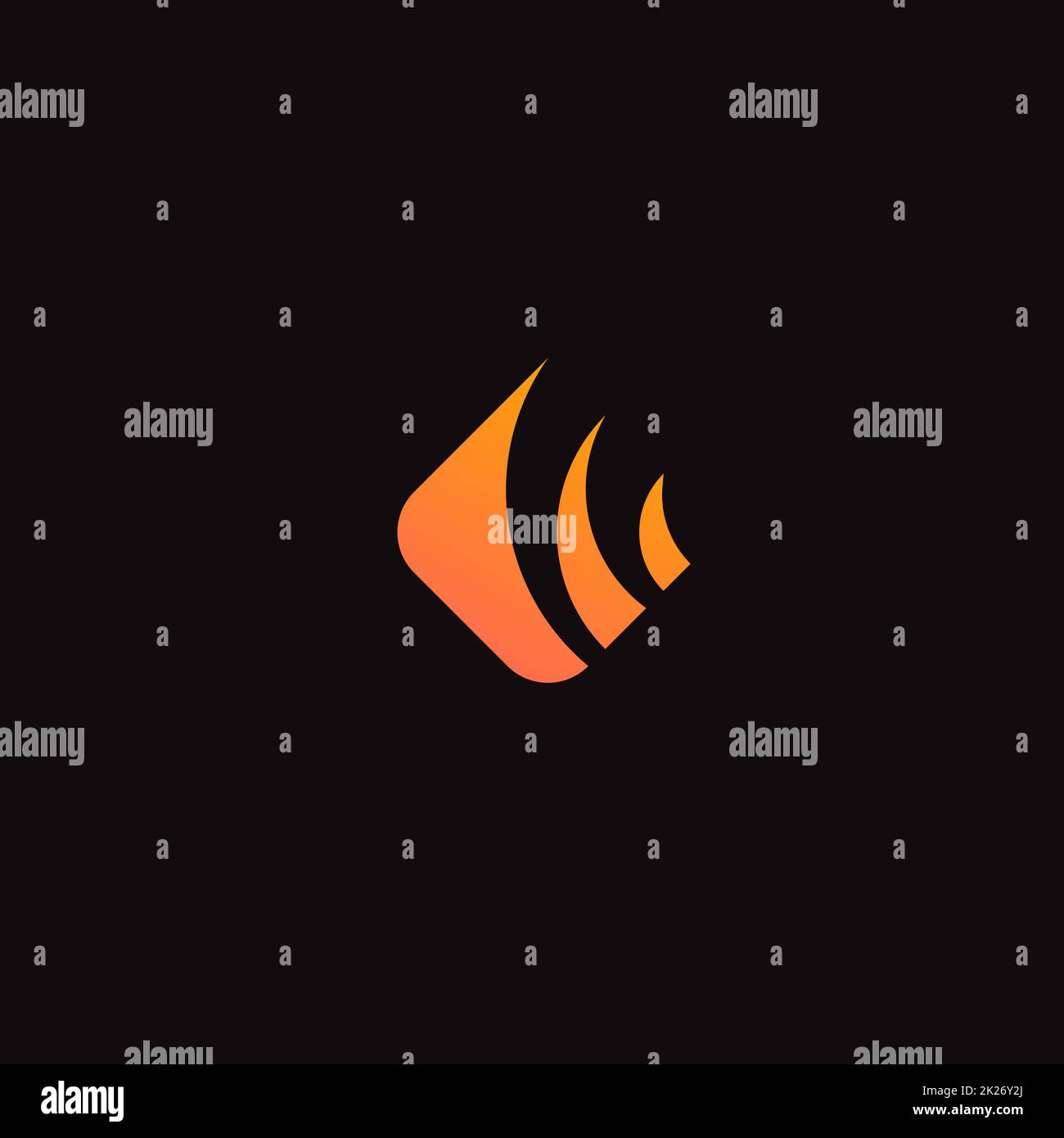 Feuersymbol, abstrakte Logovorlage. Symbol für brennende Flamme, Etikett mit Rautenform. Isoliertes, minimalistisches Design im Stil einer Silhouette. Orangefarbenes Vektorzeichen Stockfoto