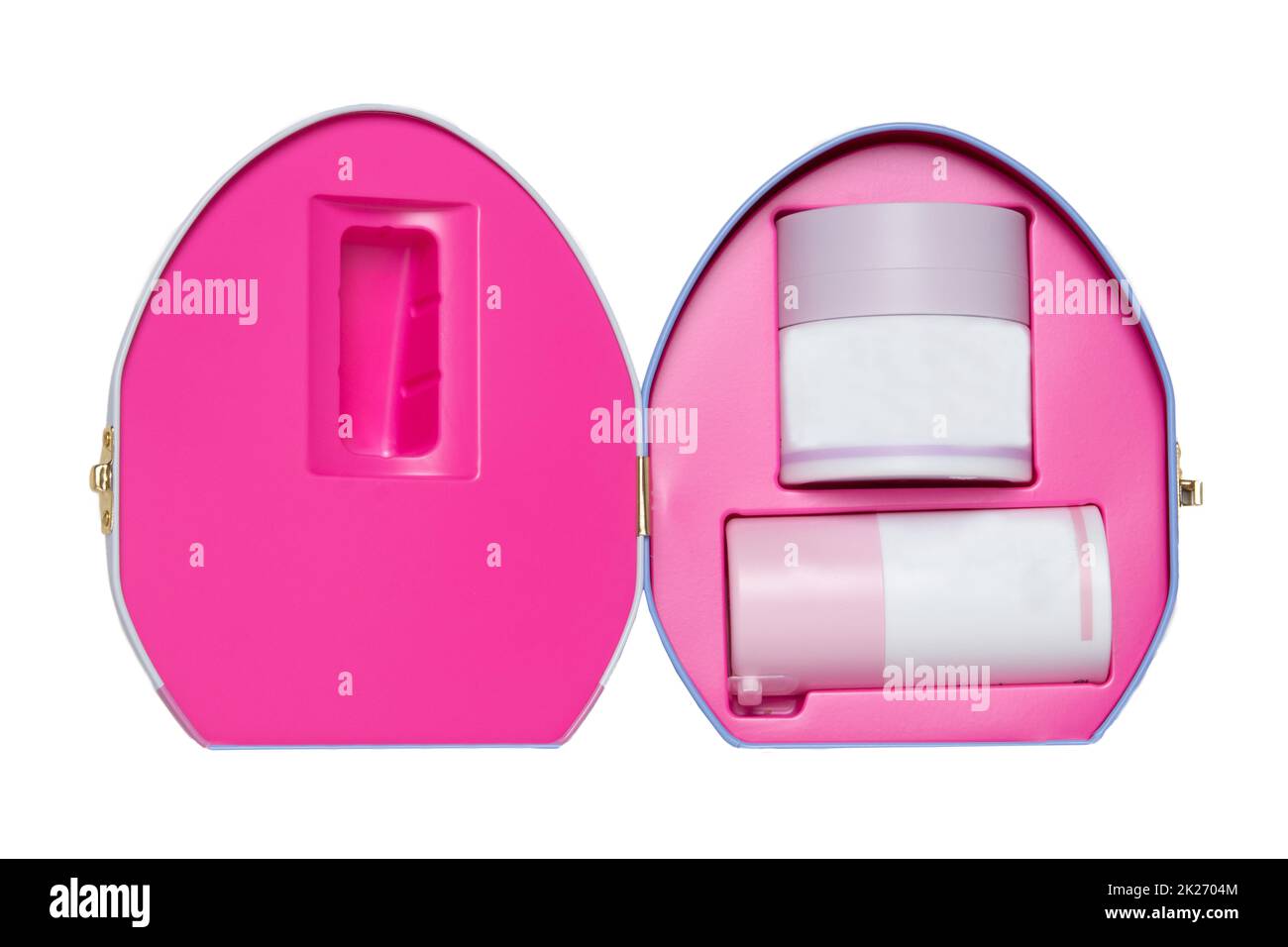 Nahaufnahme einer geöffneten dekorativen Kosmetikbox oder Geschenkbox mit etikettsfreien pink-weißen Behältern, isoliert auf weißem Hintergrund. Makro. Stockfoto