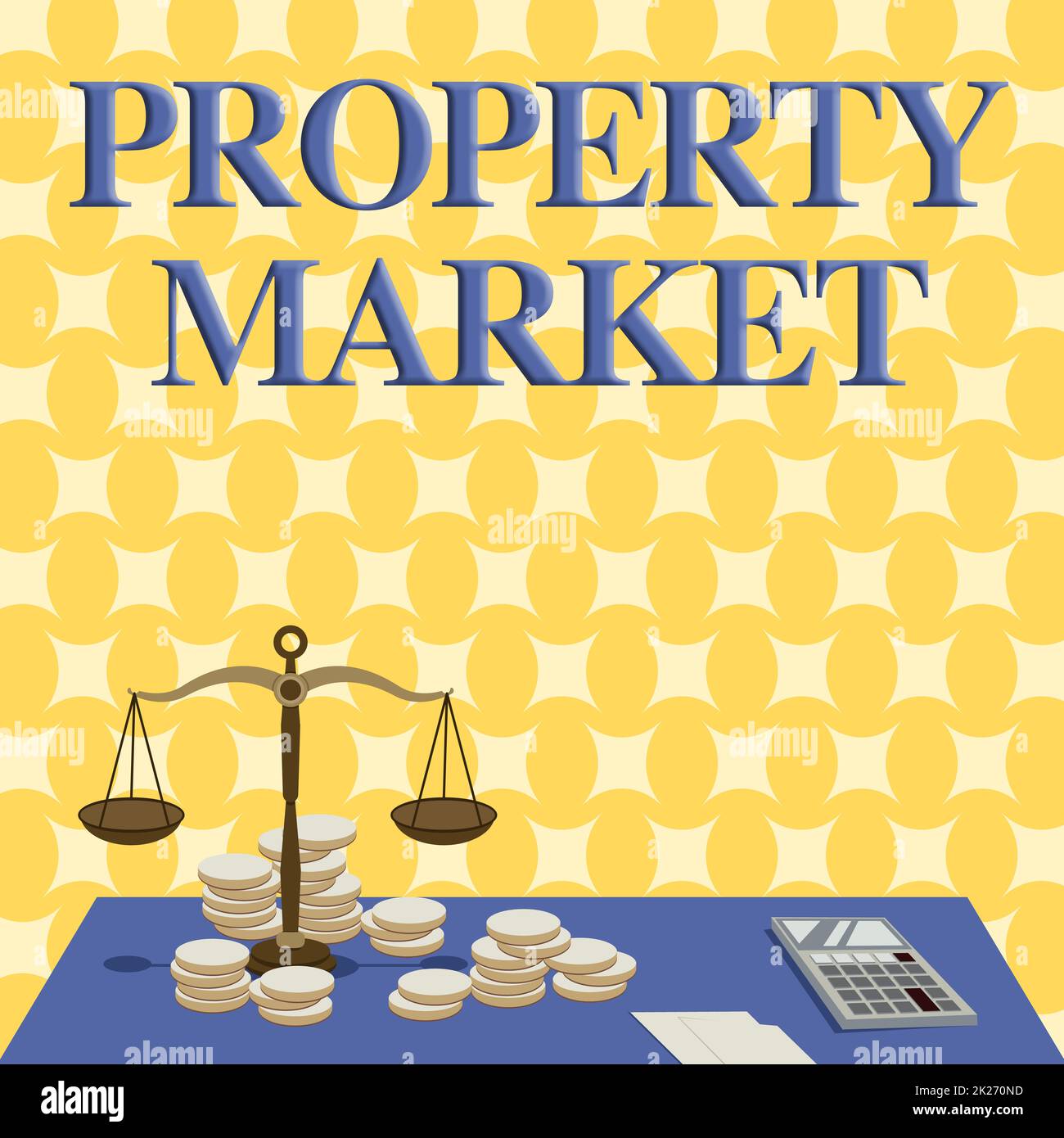 Immobilienmarkt für konzeptionelle Darstellung. Internetkonzept Kauf und Verkauf von Grundstücken und Gebäuden Immobilienmarkt Ausgewogenheit umgeben von Münzrechner Zählung von Hypotheken. Stockfoto