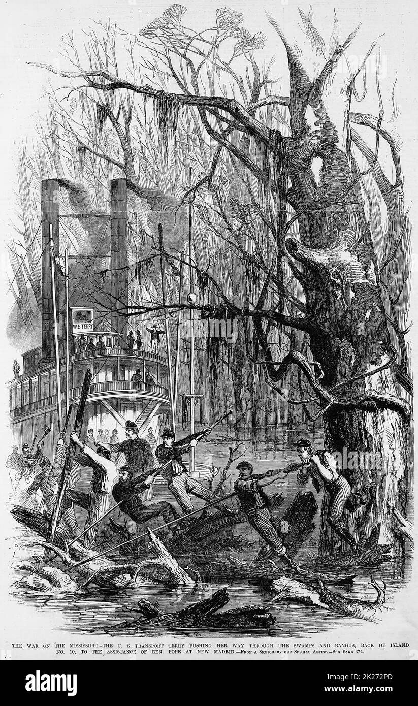 Der Krieg auf dem Mississippi - die Vereinigten Staaten transportieren Terry, der sich durch die Sümpfe und Bayous, zurück auf der Insel Nr. 10, zur Unterstützung von General John Pope in New Madrid, begibt. April 1862. Illustration des amerikanischen Bürgerkriegs des 19.. Jahrhunderts aus Frank Leslie's Illustrated Newspaper Stockfoto