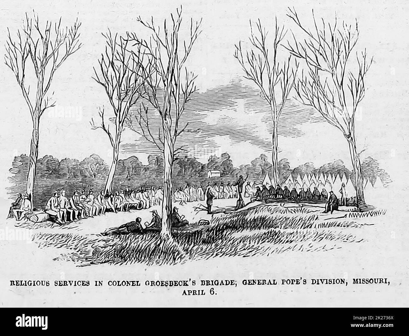 Gottesdienste in der Brigade von Oberst Groesbeck, Abteilung von General John Pope, Missouri, 6.. April 1862. Illustration des amerikanischen Bürgerkriegs des 19.. Jahrhunderts aus Frank Leslie's Illustrated Newspaper Stockfoto