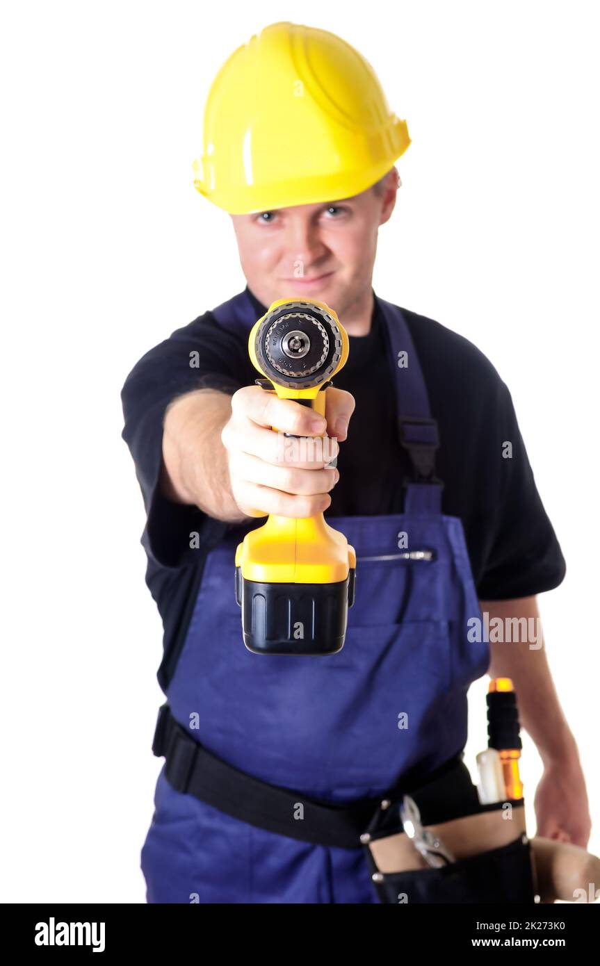 Porträt eines jungen Handwerkers, Arbeiter, Monteur vor weißem Hintergrund Stockfoto