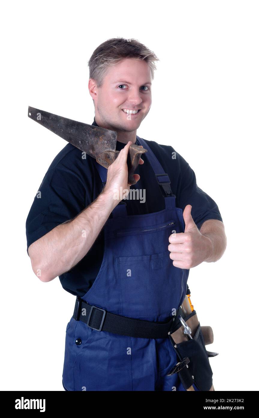 Porträt eines jungen Handwerkers, Arbeiter, Monteur vor weißem Hintergrund Stockfoto