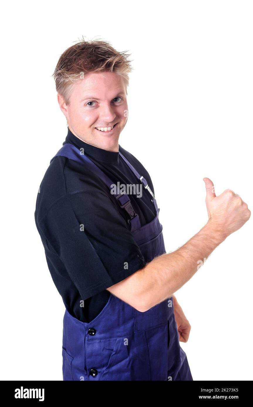 Porträt eines jungen Handwerkers, Arbeiter, Monteur vor weißem Hintergrund Stockfoto