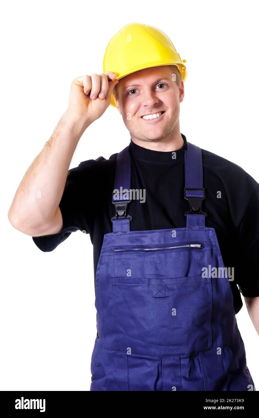 Porträt eines jungen Handwerkers, Arbeiter, Monteur vor weißem Hintergrund Stockfoto
