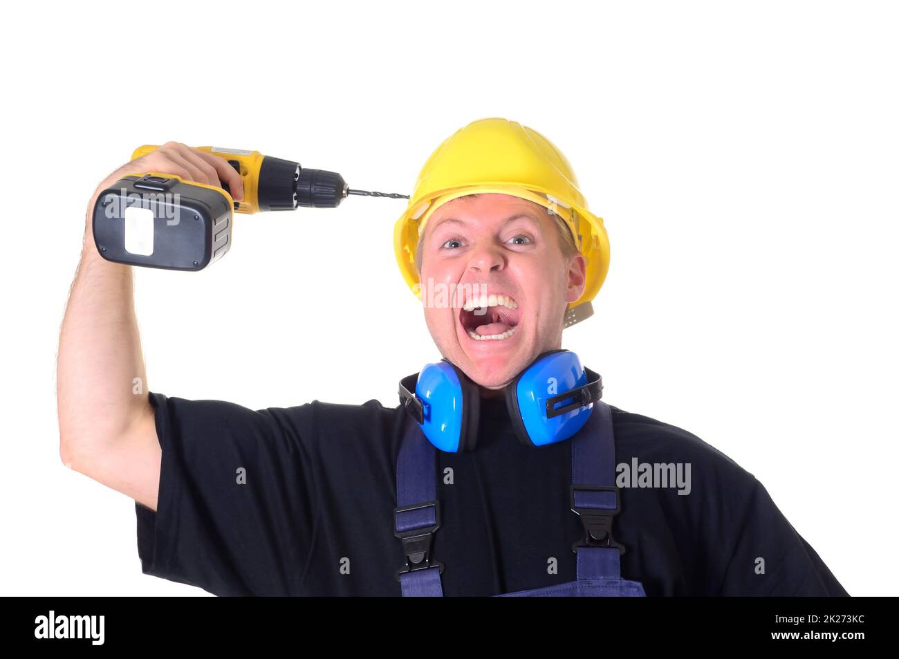 Porträt eines jungen Handwerkers, Arbeiter, Monteur vor weißem Hintergrund Stockfoto