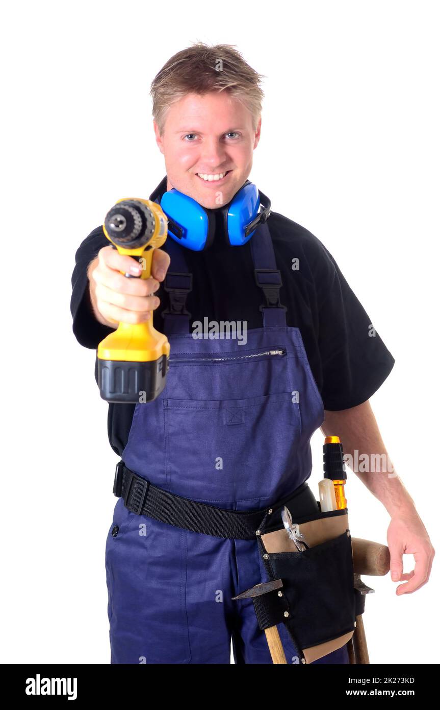 Porträt eines jungen Handwerkers, Arbeiter, Monteur vor weißem Hintergrund Stockfoto