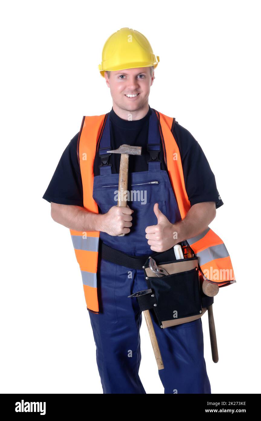 Porträt eines jungen Handwerkers, Arbeiter, Monteur vor weißem Hintergrund Stockfoto