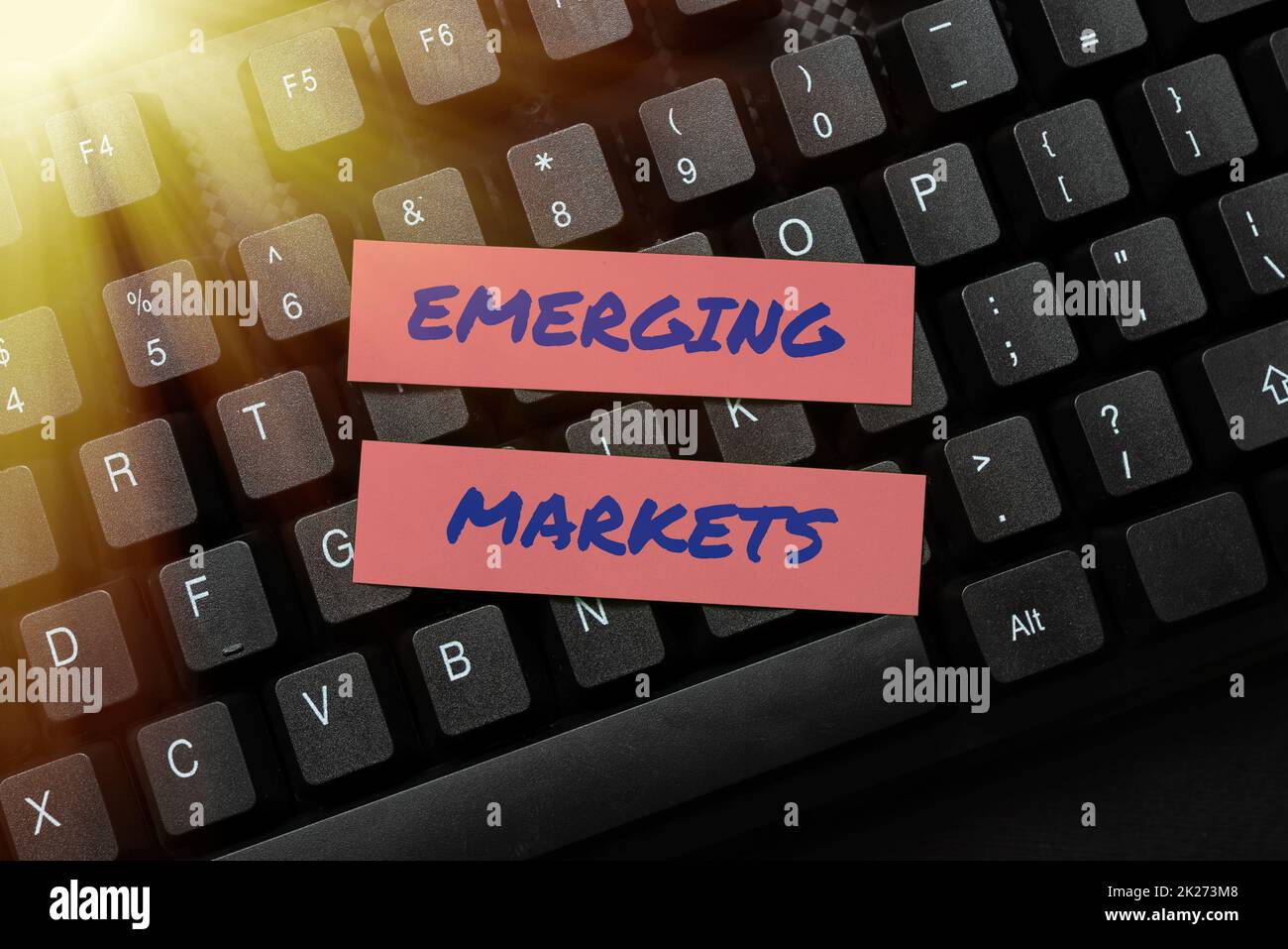 Handgeschriebenes Schild Emerging Markets. Konzept bedeutet Länder, die in produktivere Kapazitäten investieren, Programmpläne eingeben, Programmzeichencodes erneut eingeben und debuggen Stockfoto