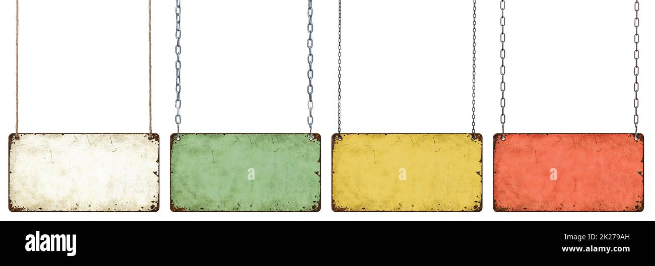 Vier leere Vintage-Blechschilder hängen auf weißem Hintergrund Stockfoto