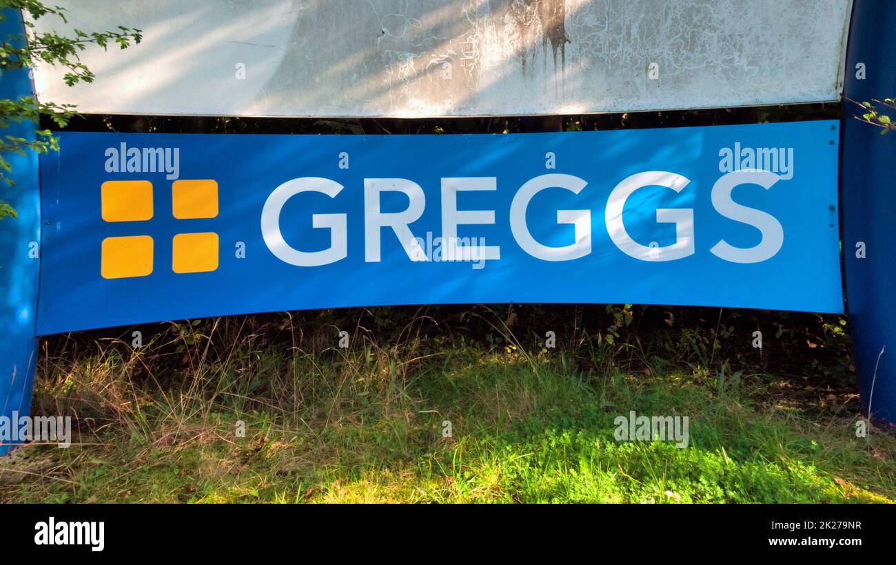 greggs, der Bäcker Banner-Schild Glasgow, Schottland, Großbritannien Stockfoto