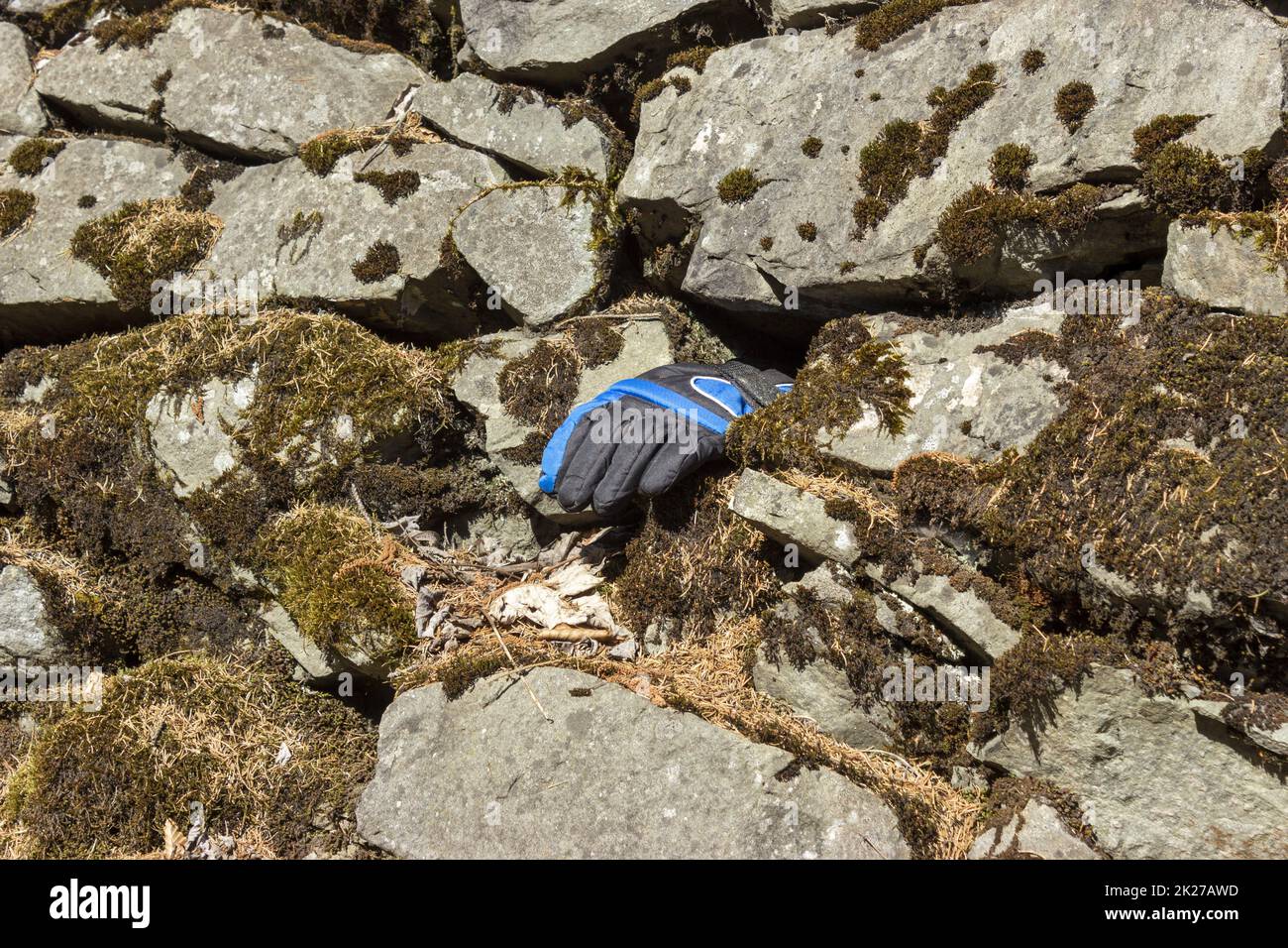 Vergessener Skihandschuh auf einem Stein in den Bergen Stockfoto