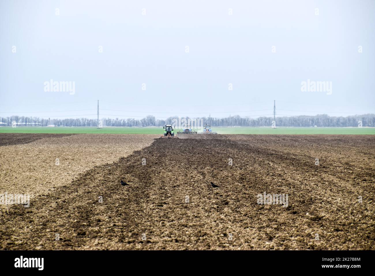 Üppig und lockern den Boden auf dem Feld vor der Aussaat. Der Traktor pflügt ein Feld mit einem Pflug Stockfoto