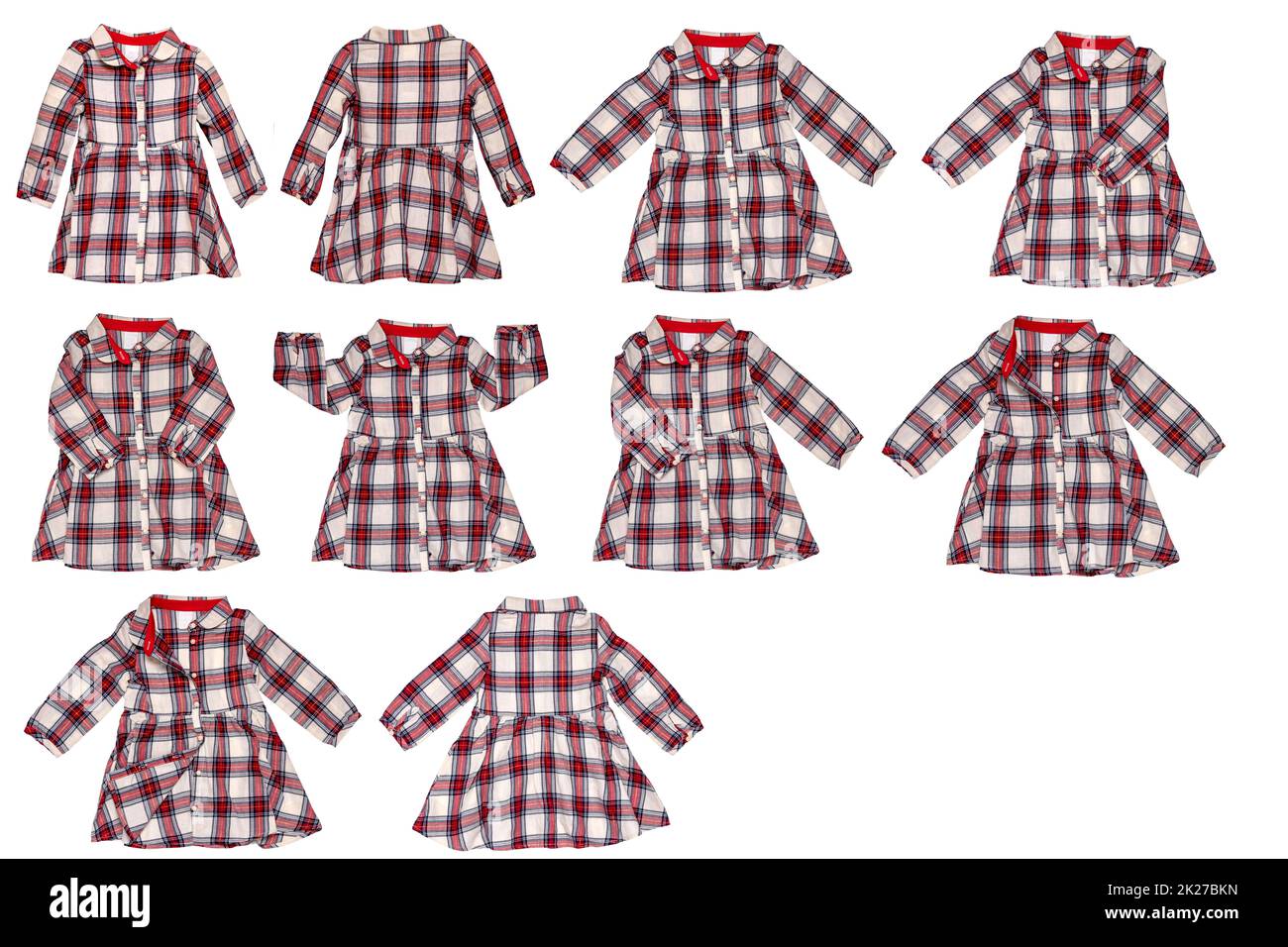 Collage-Set aus Sommerkleidung für kleine Mädchen, isoliert auf weißem Hintergrund. Nahaufnahme von zehn verschiedenen Blicken auf ein wunderschönes rot-weißes Karomuster isoliert auf weißem Hintergrund. Stockfoto