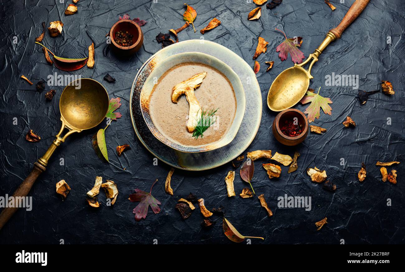 Schüssel mit Herbstpilzcremesuppe Stockfoto