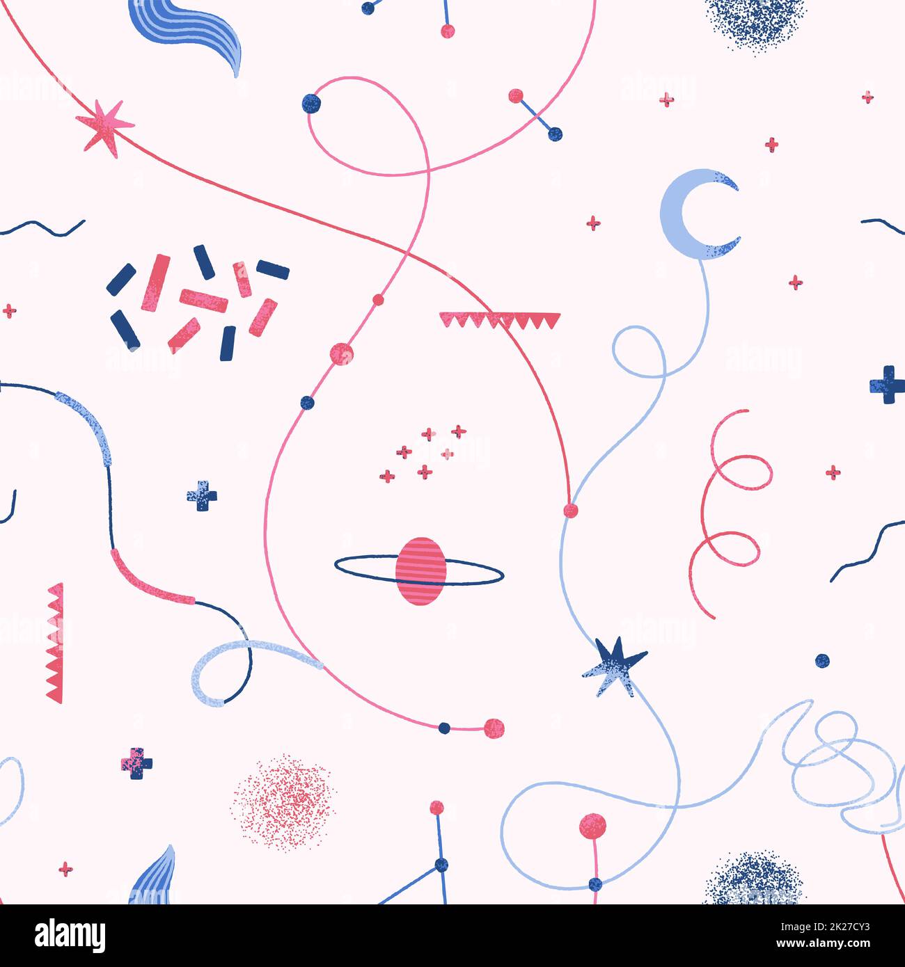 Vektornahtloses Muster abstrakter Elemente, Formen, Linien, Planeten und Sterne. Kosmischer sich wiederholender Hintergrund Stockfoto