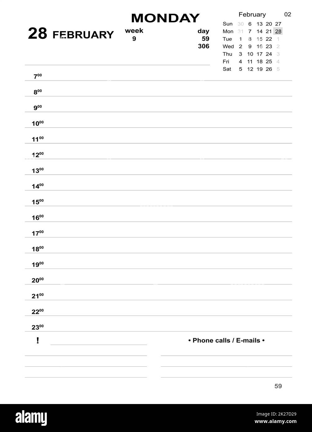 Tagesplaner für Unternehmen. 21-Februar-Planer täglich mit zu füllenden Zellen Stockfoto