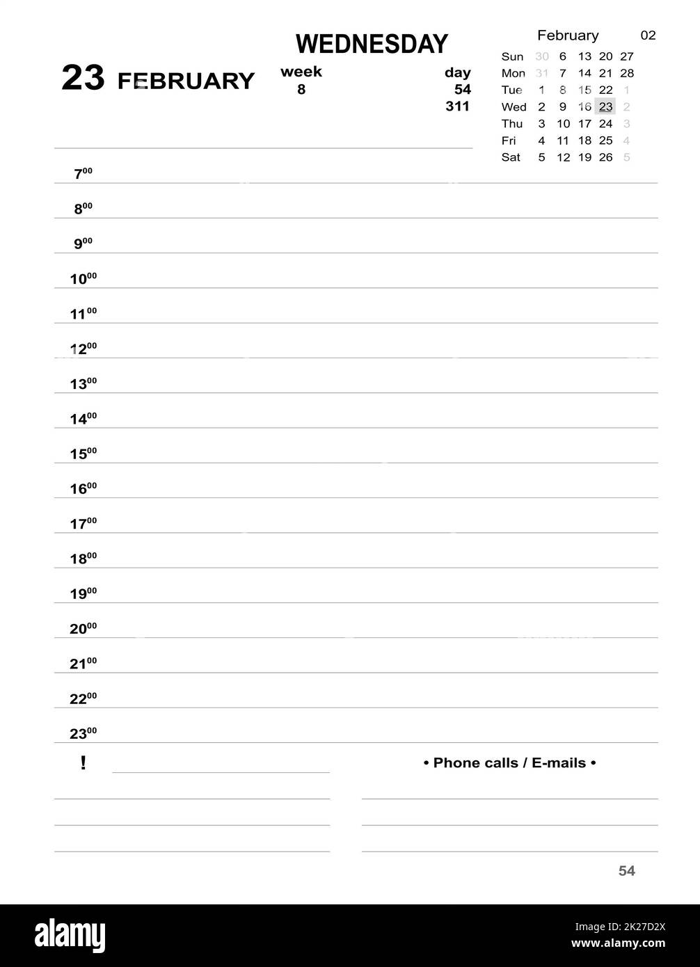 Tagesplaner für Unternehmen. 21-Februar-Planer täglich mit zu füllenden Zellen Stockfoto