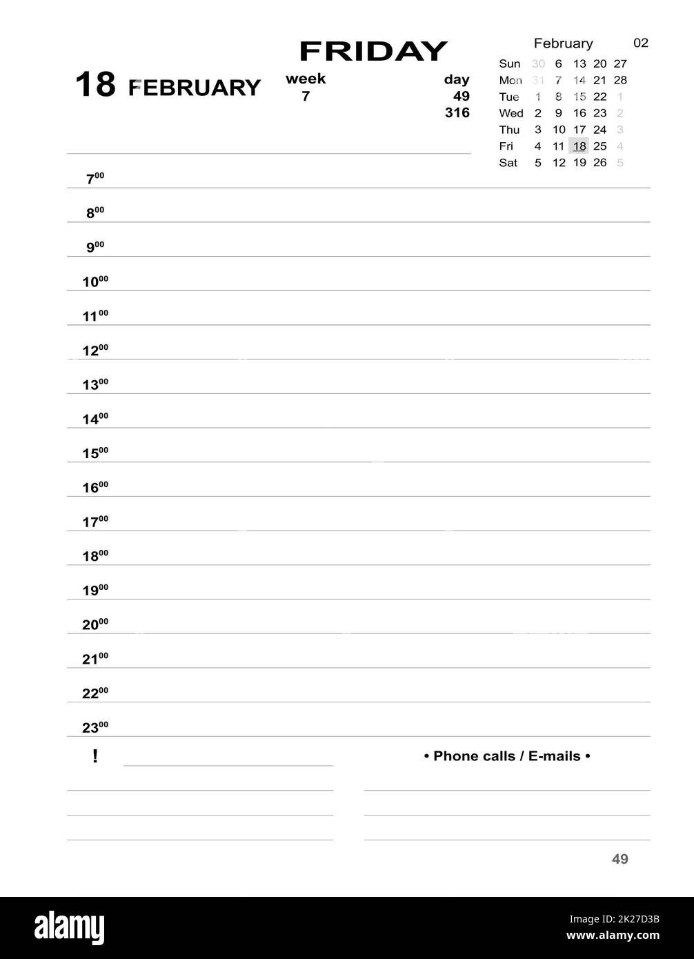 Tagesplaner für Unternehmen. Tagebuch Februar 2022. Datierte Vorlage für Kalender 2022 Stockfoto