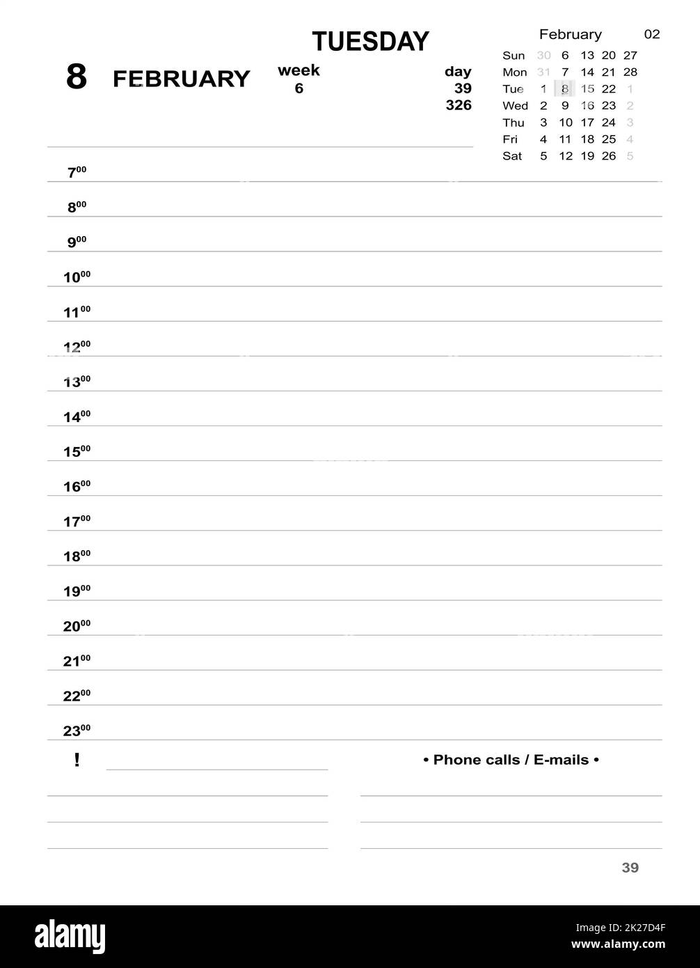 Tagesplaner für Unternehmen. Tagebuch Februar 2022. Datierte Vorlage für Kalender 2022 Stockfoto