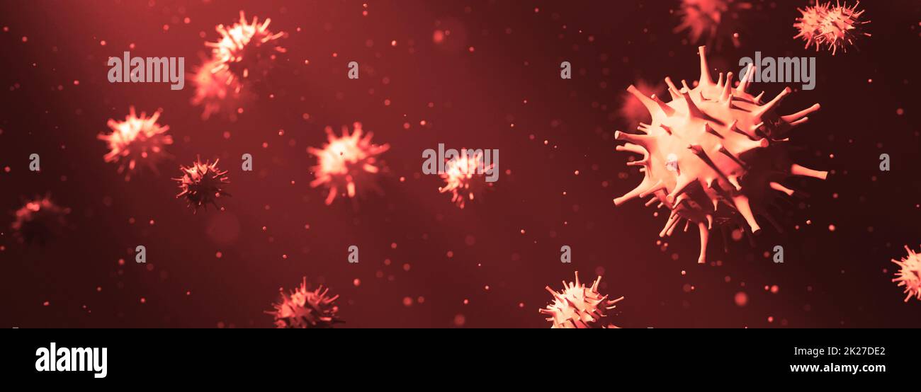 Coronavirus-Ausbruch, mikroskopische Ansicht von Grippevirus-Zellen. 3D-Illustration Stockfoto