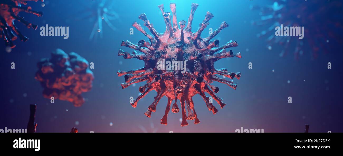 Coronavirus-Ausbruch, mikroskopische Ansicht von Grippevirus-Zellen. 3D-Illustration Stockfoto