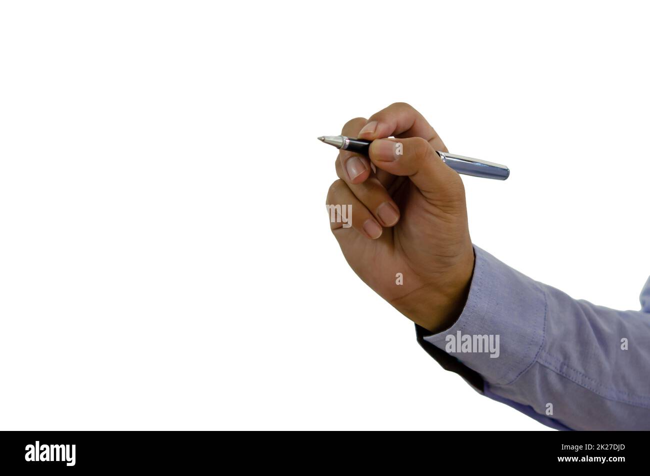 Hand hält einen Stift auf einem weißen Hintergrund.Beschneidungspfad Stockfoto