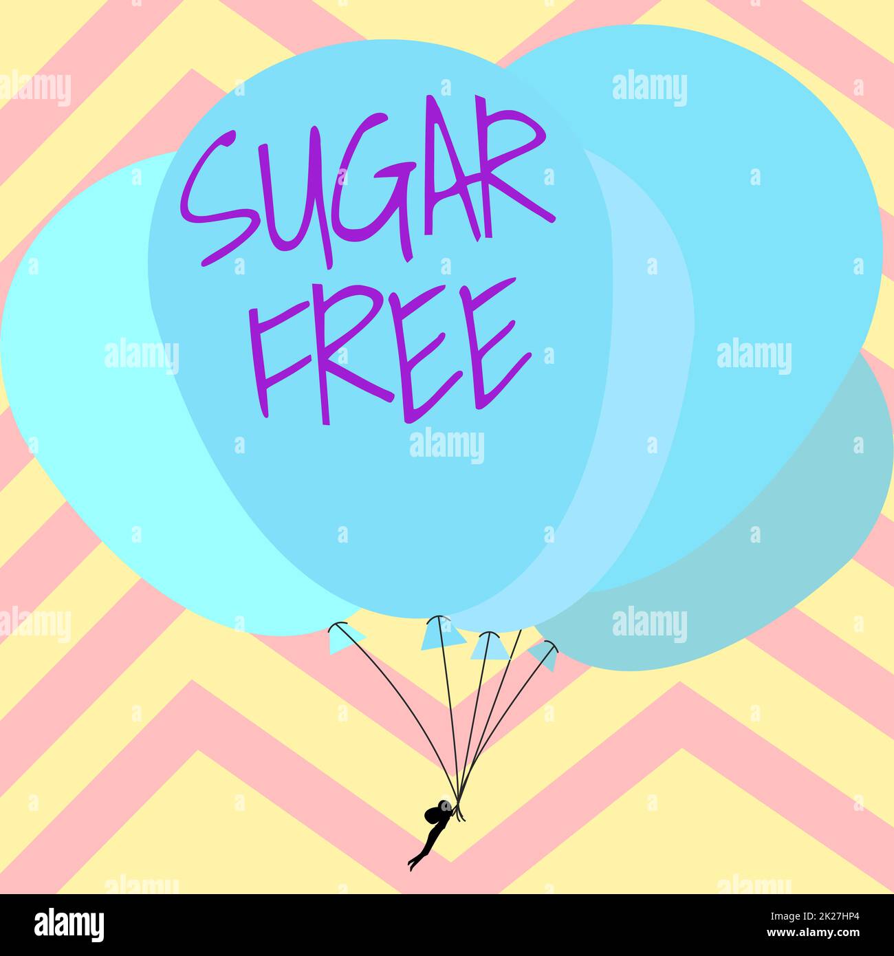 Handgeschriebener Text Zuckerfrei. Wörter, die auf geschrieben werden, enthalten keinen Zucker, sondern nur künstliche Süßstoffe, sondern man Hold bunte Ballons Drawing Flying around Striped Background. Stockfoto