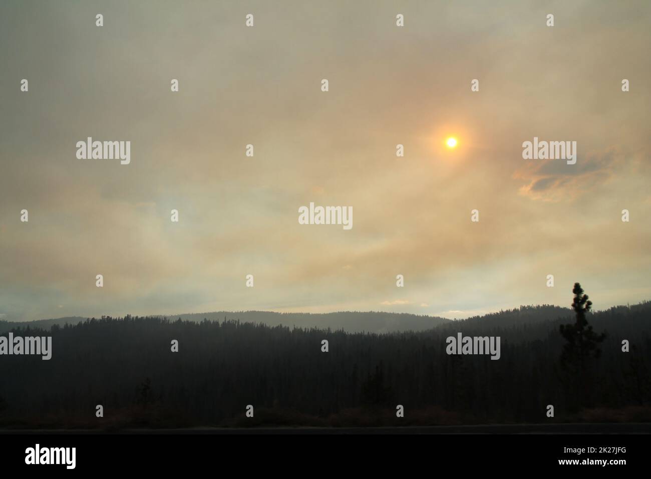 Die Wolken, Asche und Nebel verdecken die Sonne bei einem wilden Feuer Stockfoto