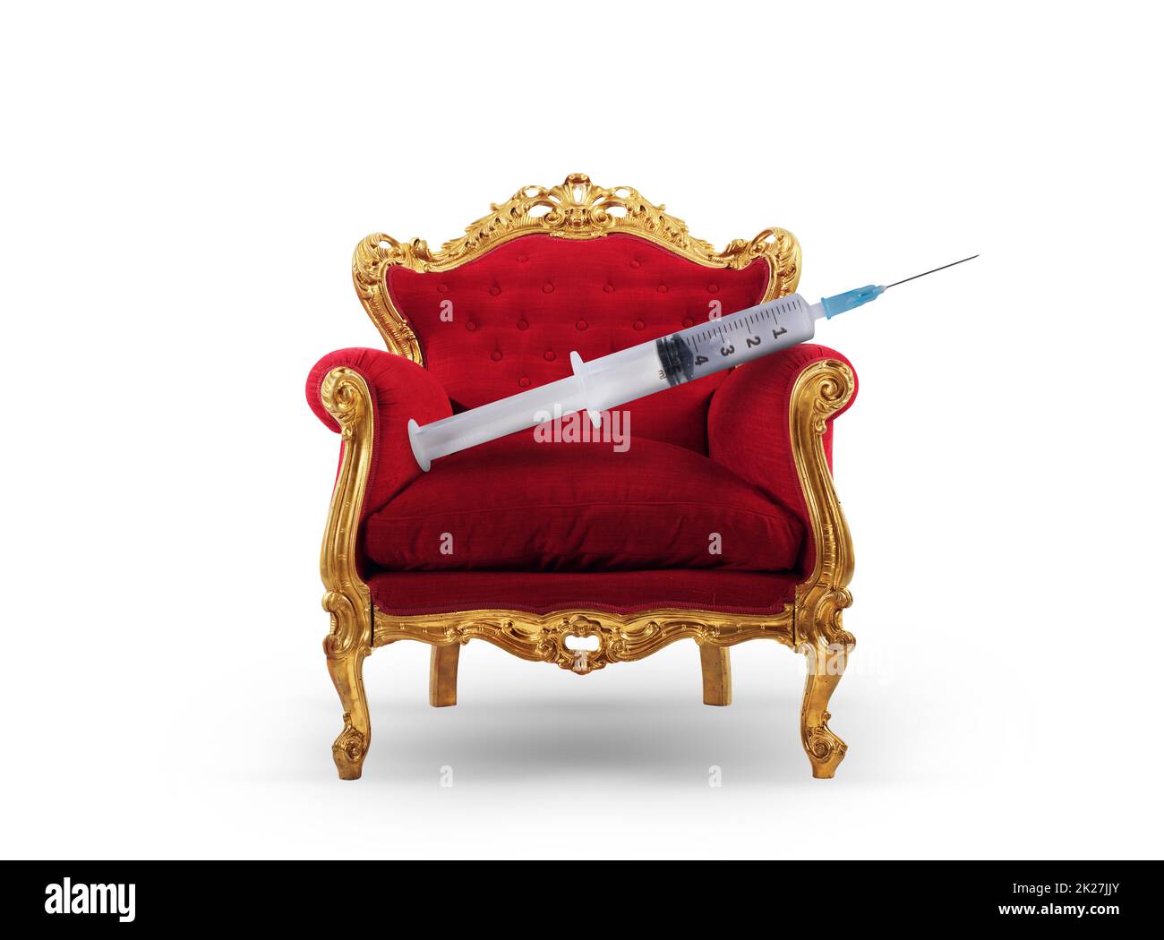 Luxus-Sessel mit Spritze mit dem Impfstoff von Covid-19 Stockfoto