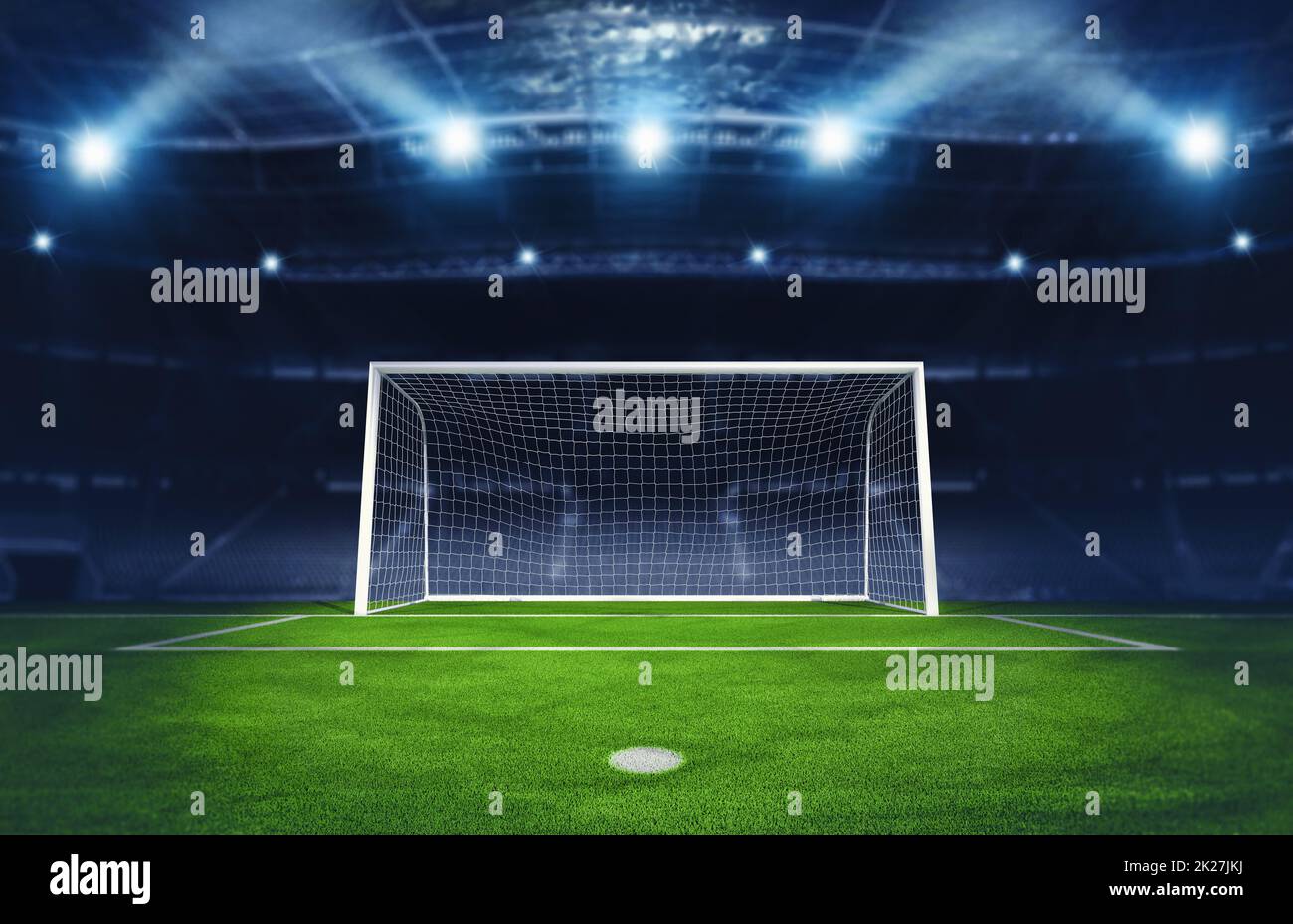 Fußball-Torpfosten unter Scheinwerfern im Stadion. 3D Rendering Stockfoto