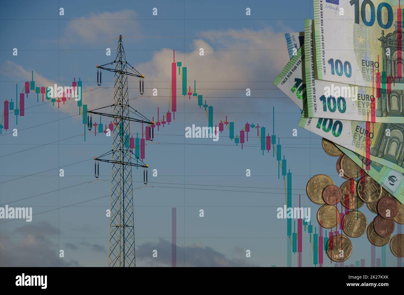 Ein Strompylon mit vielen Euro-Scheinen und -Münzen und eine Tabelle des Marktes über Strompreiserhöhungen Stockfoto