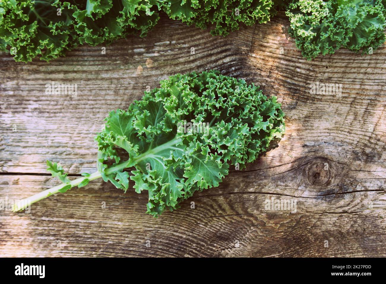 Frische Blätter von Kohl Kohl auf hölzernen Hintergrund. Grünes Gemüse lässt. Ansicht von oben. Gesunde Ernährung, vegetarische Ernährung Stockfoto
