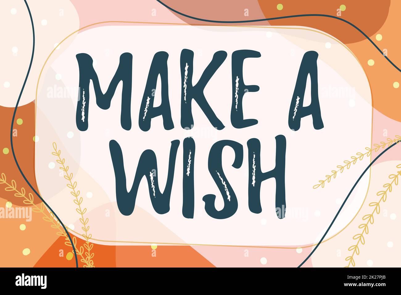 Schild mit der Aufschrift „Make A wish“. Konzeptfoto, um eine andere Situation zu wünschen als die, die existiert Textrahmen umgeben von verschiedenen Blumen Herzen und Blätter. Stockfoto