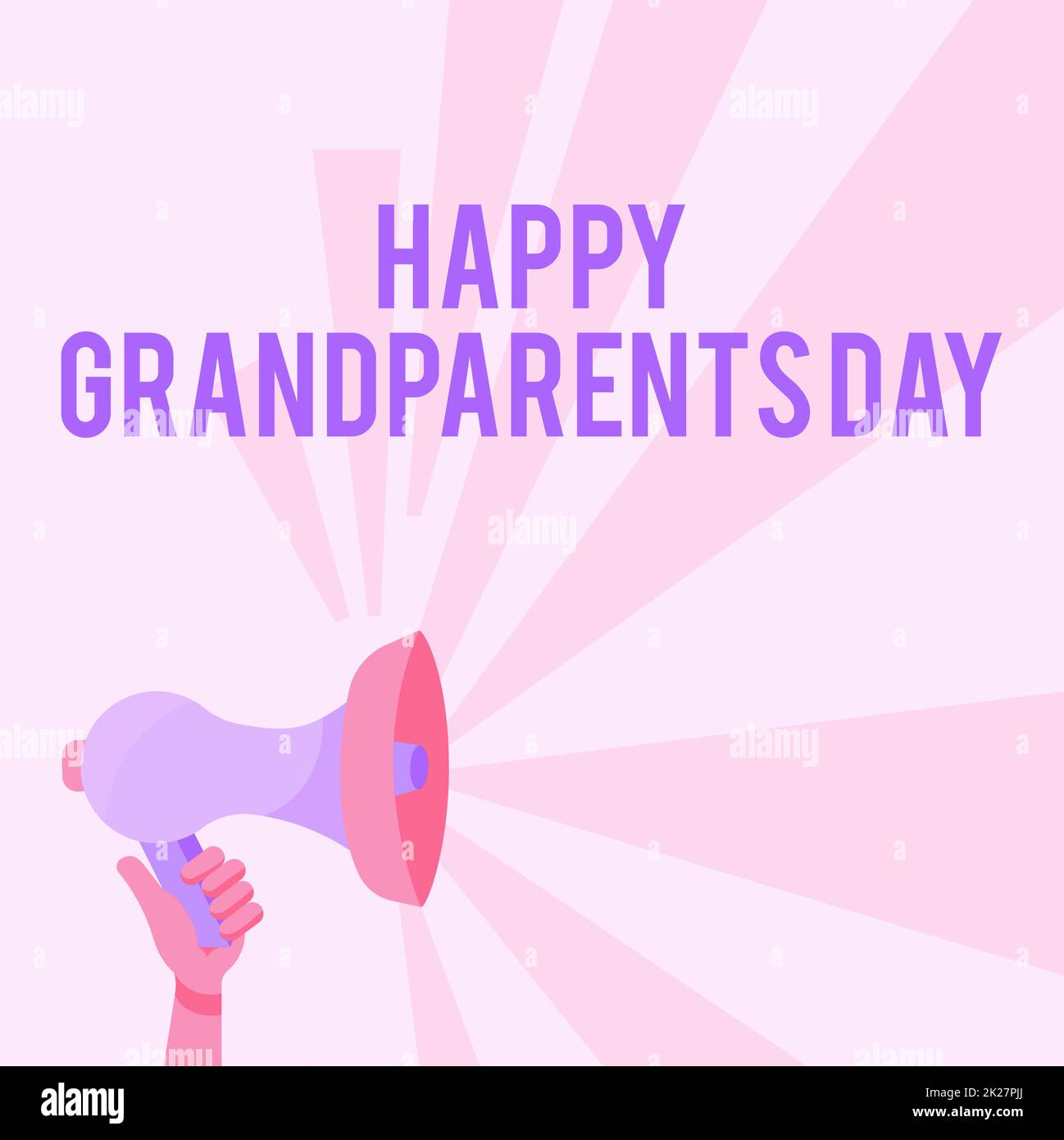 Konzeptionelle Überschrift Happy Grandparents Day (alles gute zum Großelterntag). Geschäftsidee Ältere oder Senioren feiern Illustration von Hand-Halten Megaphon mit Sun Ray Ankündigung. Stockfoto