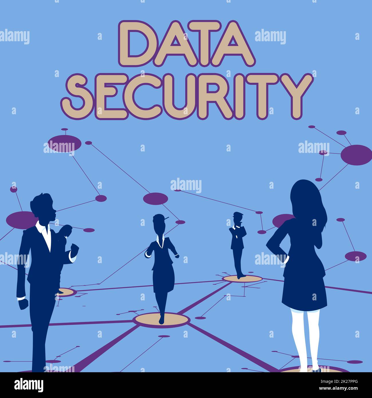 Inspiration für das Zeichen „Datensicherheit“. Unternehmensübersicht Schutz wichtiger personenbezogener Daten vor unbefugtem Zugriff mehrere Teammitglieder stehen auf dem Boden getrennt und denken an vernetzte Leitungen. Stockfoto