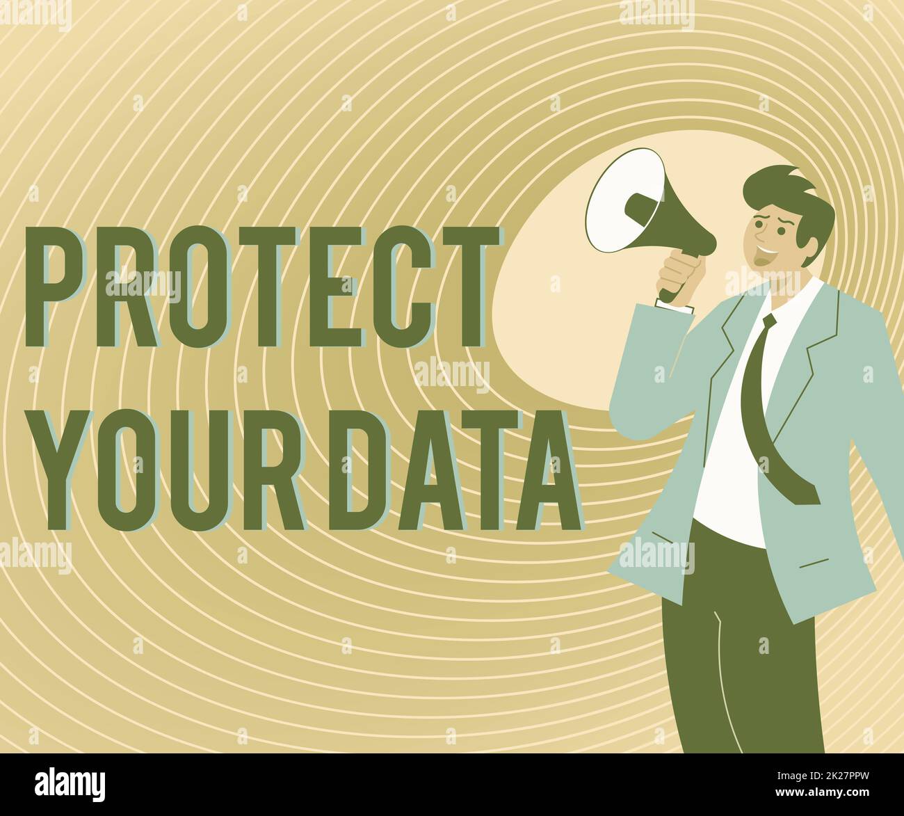 Schild mit der Anzeige „Ihre Daten schützen“. Unternehmen präsentieren Cyber-Sicherheit und schützen digitale Informationen vor Verlust oder Betrug Illustration Eines Mannes, der Megaphone in der Hand hält Neue Ankündigung Stockfoto