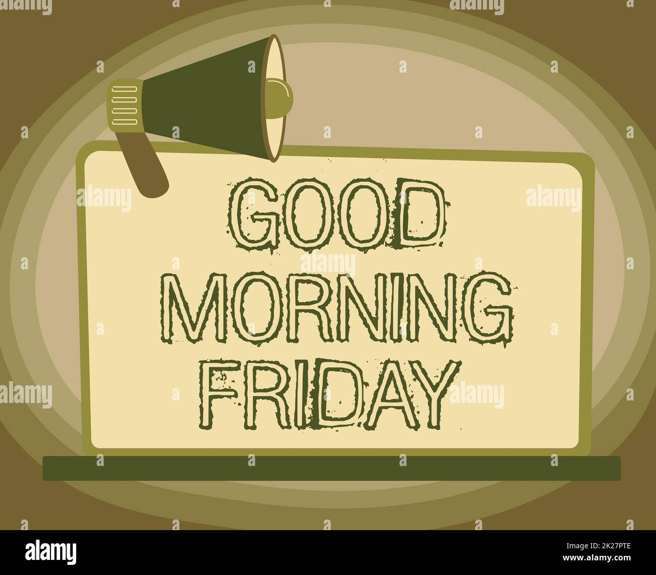 Schild mit der Aufschrift „Guten Morgen Freitag“. Die Geschäftswelt zeigt positive und inspirierte Äußerungen über das Wochenende Illustration von Megaphone auf einem leeren Monitor, die Ankündigungen macht. Stockfoto