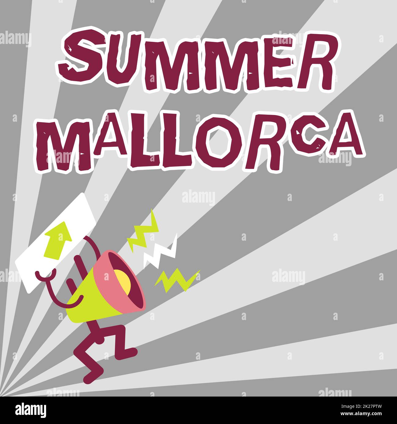 Handschrifttext Summer Mallorca. Wort für die Weihnachtszeit auf den Balearen in Spanien Megaphone zeigt wichtige Nachricht mit detailliertem Bericht Stockfoto