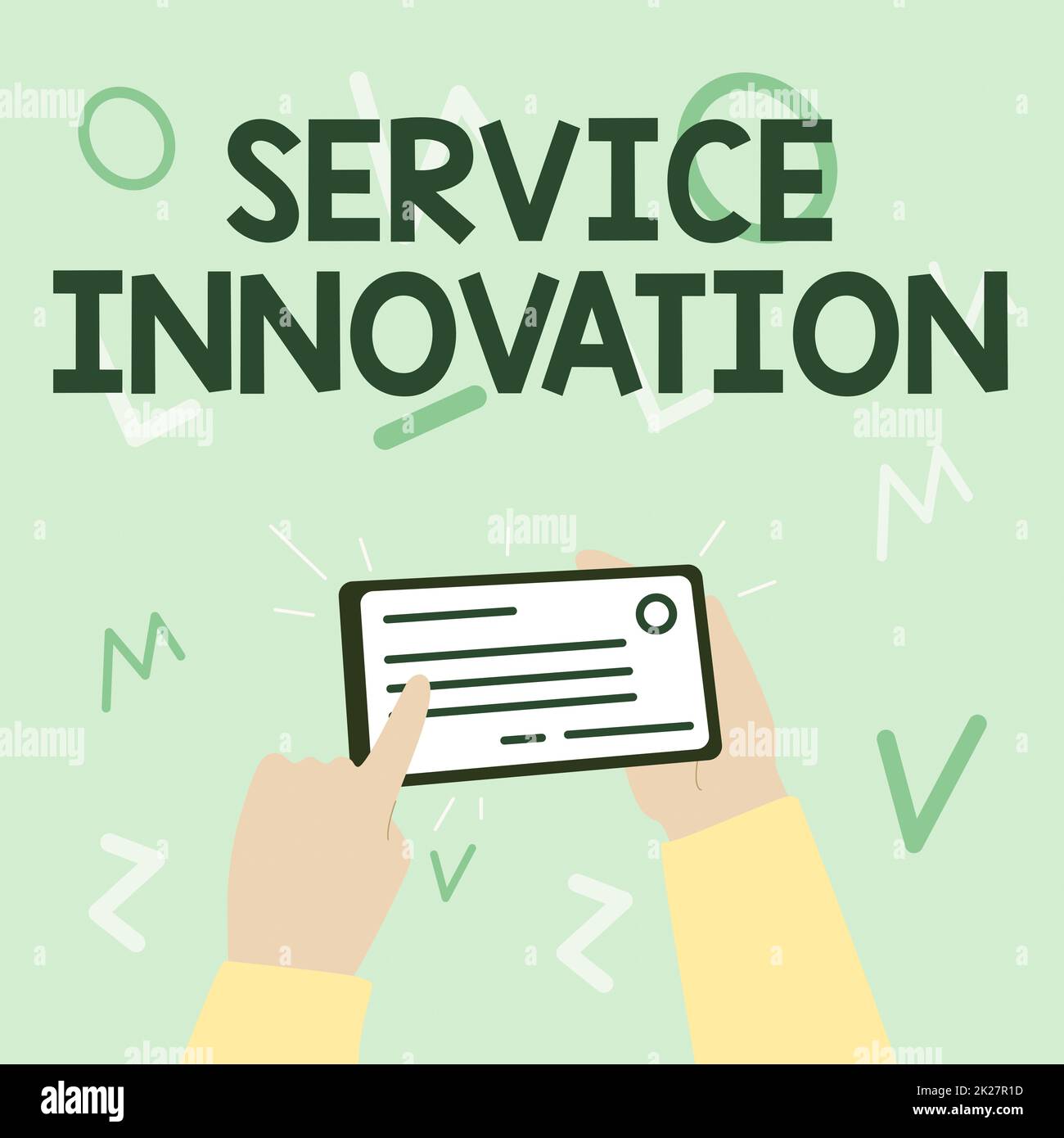 Handgeschriebenes Schild Service Innovation. Ein Wort für eine neue Art, Kunden zu bedienen, um Mehrwert zu schaffen Illustration des Handhaltens wichtiger Ausweiskarten, die darauf zeigen. Stockfoto