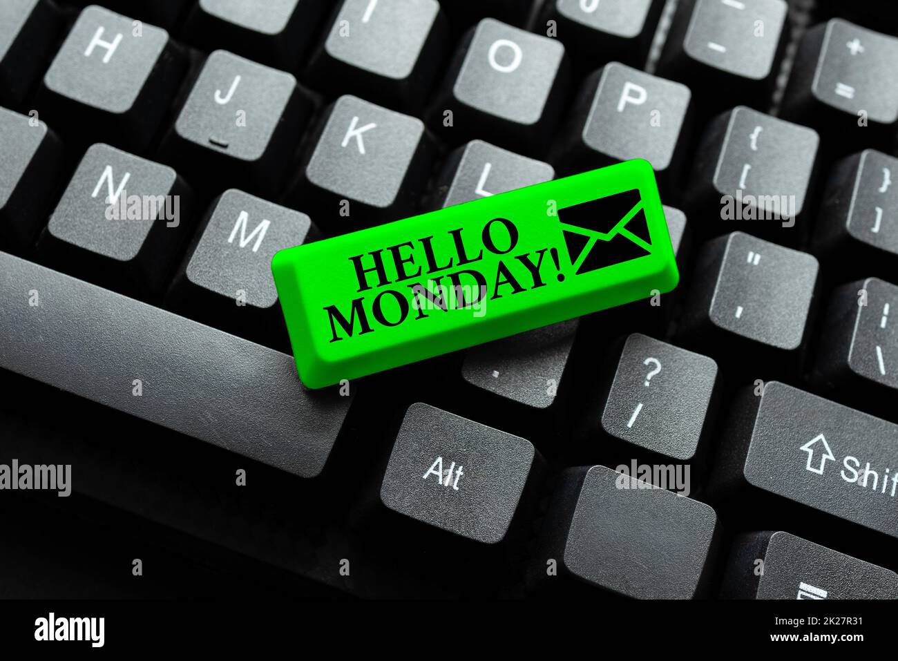 Textzeichen mit „Hello Monday“. Geschäftsidee Guten Morgen Gruß für den inspirierenden ersten Arbeitstag, an dem Sie die Genauigkeit beim Tippen und Testen von Schreibkenntnissen üben Stockfoto