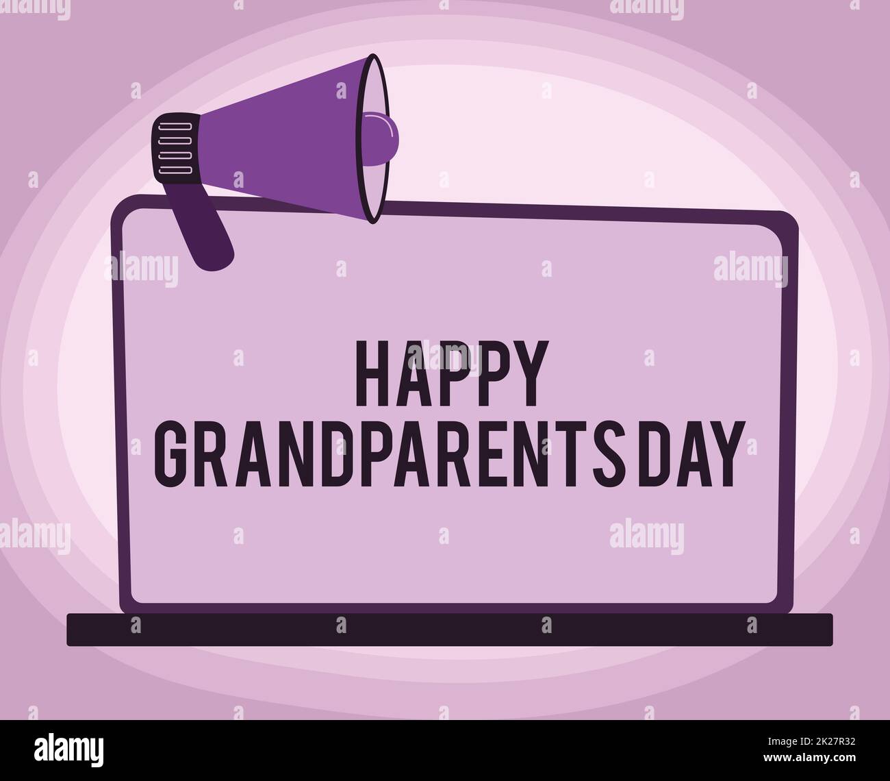 Handschriftliches Schild Happy Grandparents Day (alles gute zum Großelterntag). Geschäftsidee Ältere oder Senioren feiern Illustration von Megaphone auf einem leeren Monitor Ankündigungen machen. Stockfoto