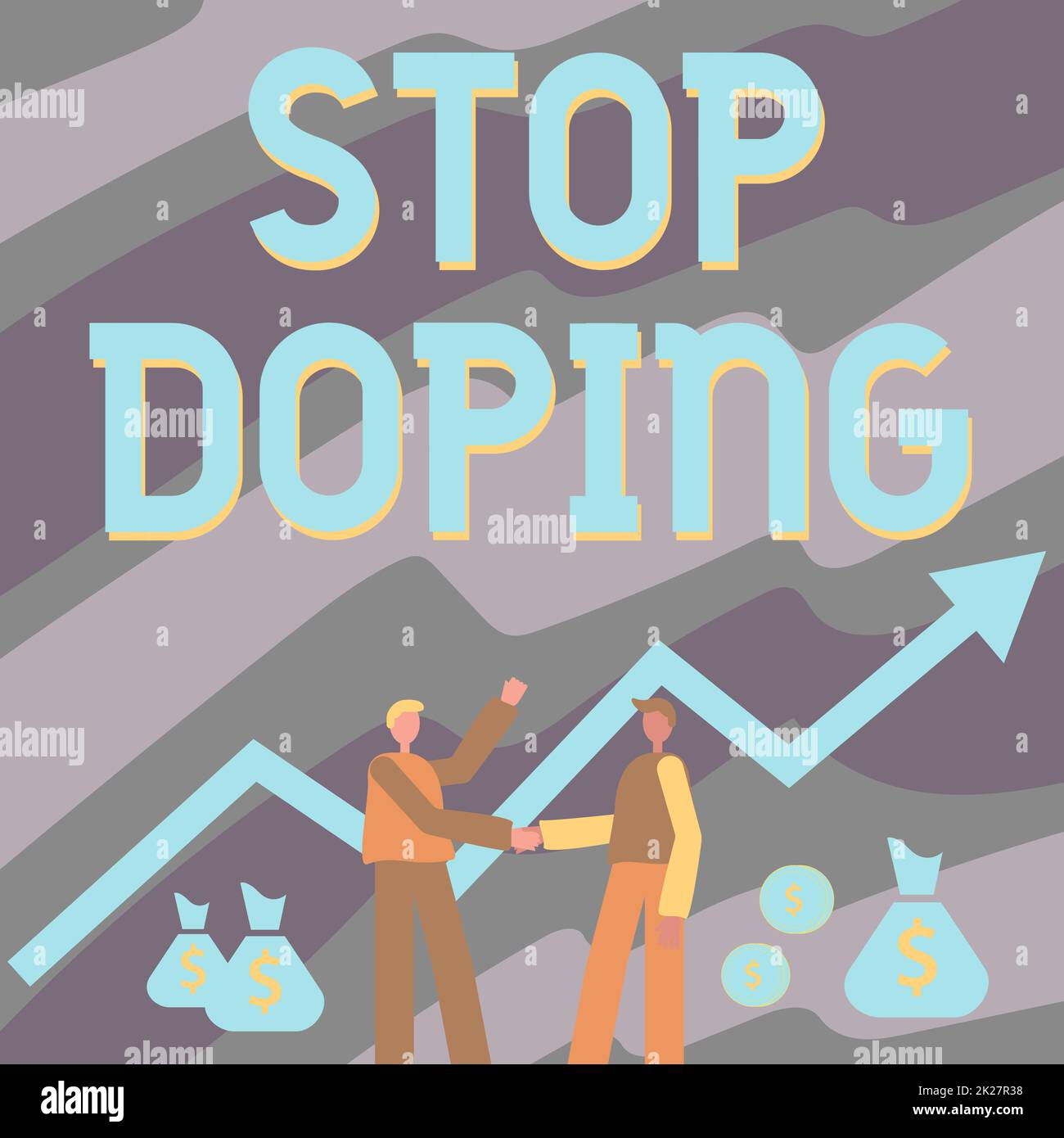 Konzeptionelle Anzeige Stop Doping (Doping stoppen). Das Wort für aufhören, die verbotene sportliche Leistung zu steigern Drogen zwei Männer stehen und schütteln mit Financial Arrow die Hand für Wachstum und Geldbeutel. Stockfoto