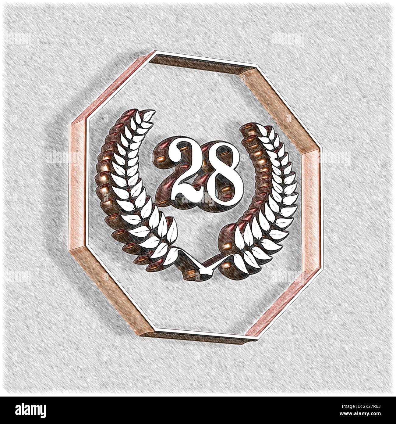 Nummer 28 mit Lorbeerkranz oder Ehrenkranz als 3D-Illustration, 3D-Darstellung Stockfoto