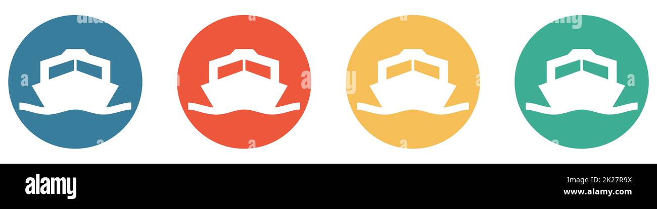 Farbenfrohes Banner mit 4 Tasten: Motorboot, Fähre oder Yachthafen Stockfoto