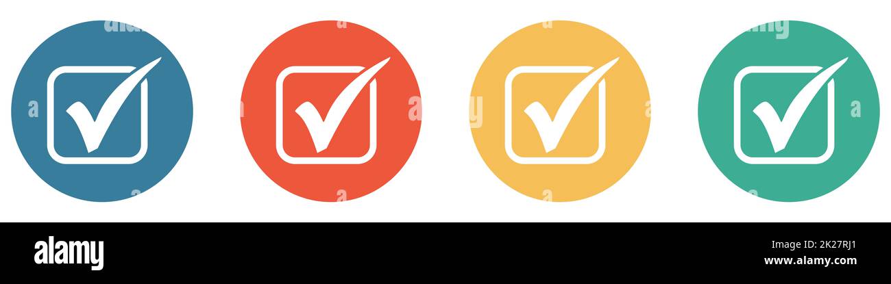 Farbenfrohes Banner mit 4 Tasten: Bestätigung, Kontrollkästchen mit Häkchen oder Auswahl Stockfoto