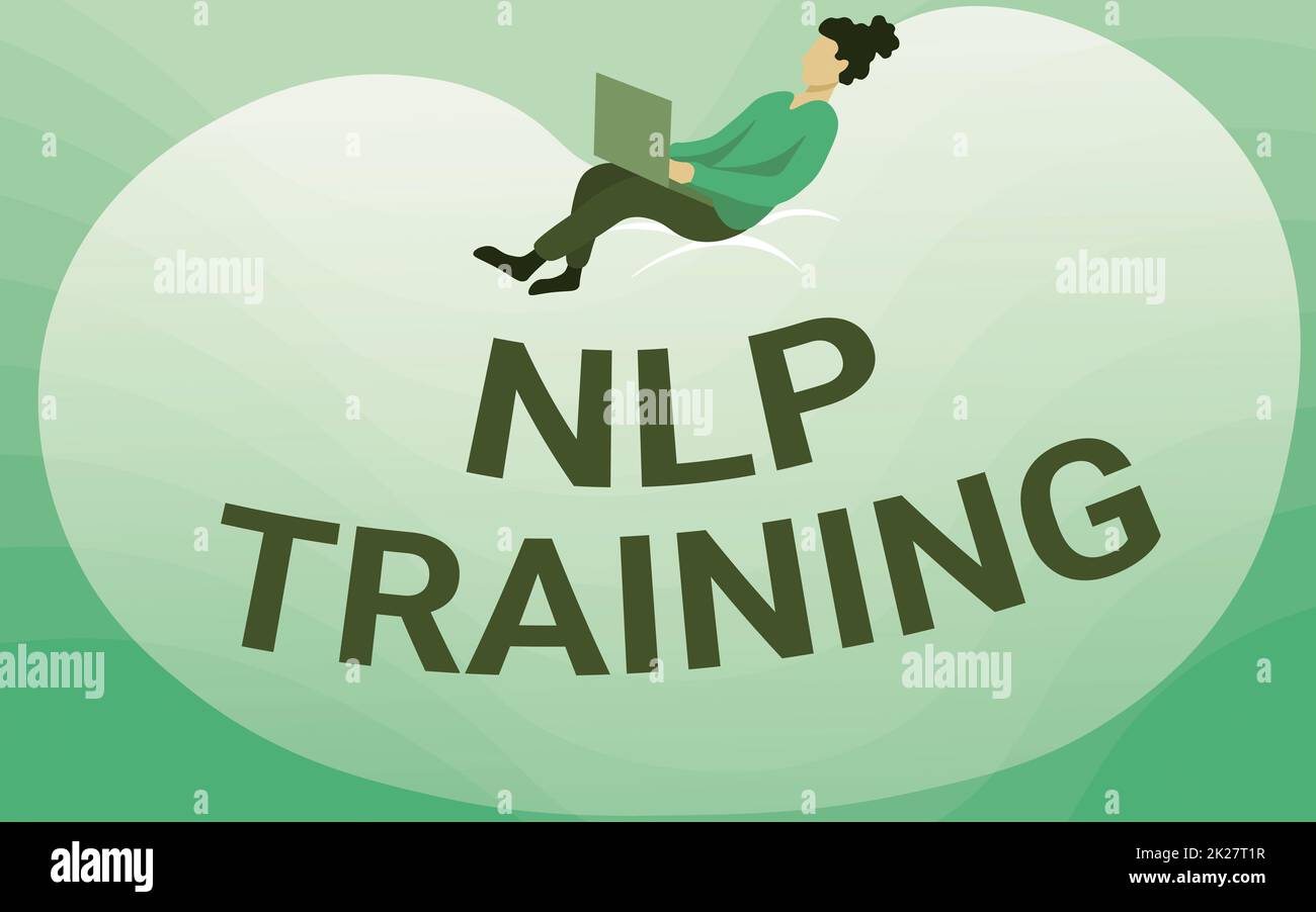 Schild mit NLP-Schulung. „Business Showcase“-Wörter umfassen Seminare, Coaching, Schulungen und Ratschläge, wie Lady Drawing sich mit einem Laptop auf Einer großen Bohnentasche zurücksetzt. Stockfoto