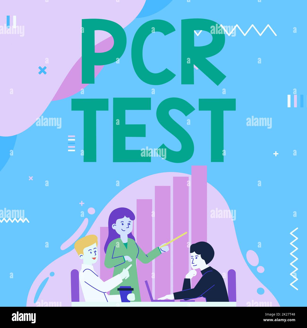 Konzeptionelle Beschriftung PCR-Test. Geschäftskonzept qualitativer Nachweis des viralen Genoms in der kurzen Folge von DNA Lady Drawing, die ihrem Teamkollegen Prozessschritte erklärt. Stockfoto