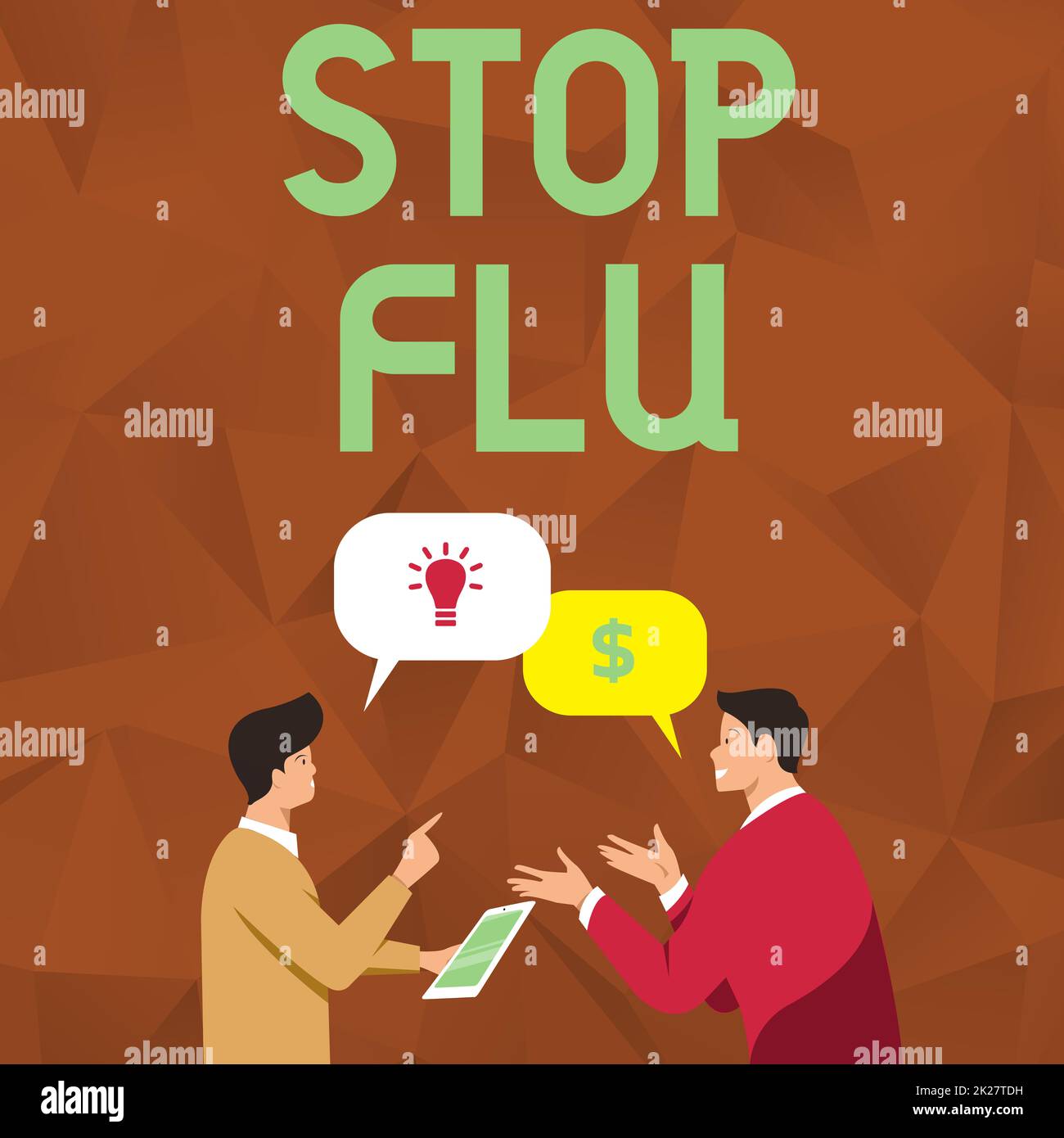 Konzeptionelle Beschriftung Stop Grippe. Wort geschrieben auf setzen ein Ende der Virusinfektion Ihrer Lungen und Atemwege zwei Männer Kollegen stehen und teilen Gedanken zusammen mit Sprechblasen Stockfoto