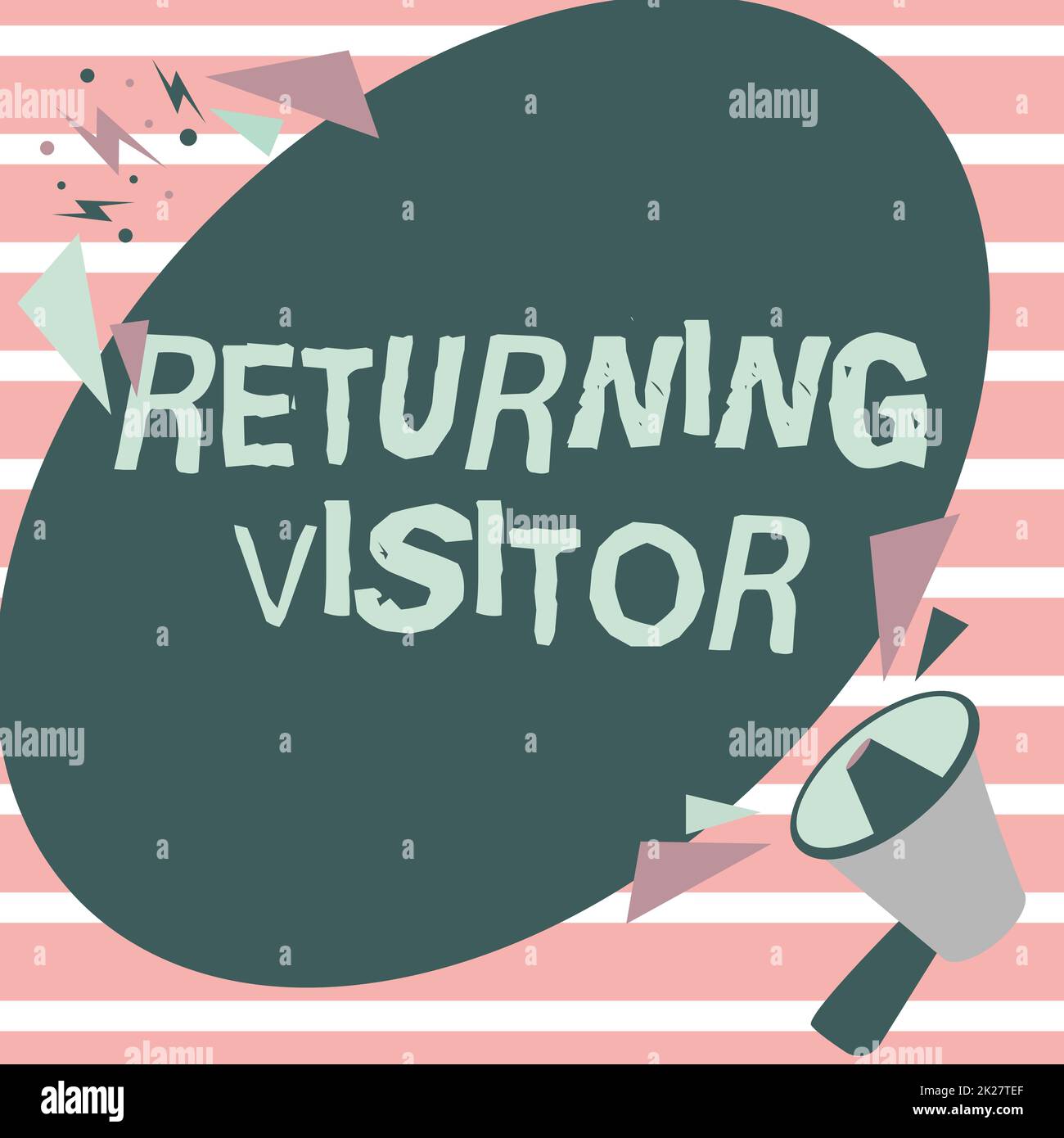 Inspiration mit Schild „Returning Visitor“. Ein Wort, das darüber geschrieben wurde, wer schon einmal besucht hat und zu Ihrer Website zurückkehrt Megaphone Drawing in der ChatCloud, um eine Ankündigung zu machen. Stockfoto